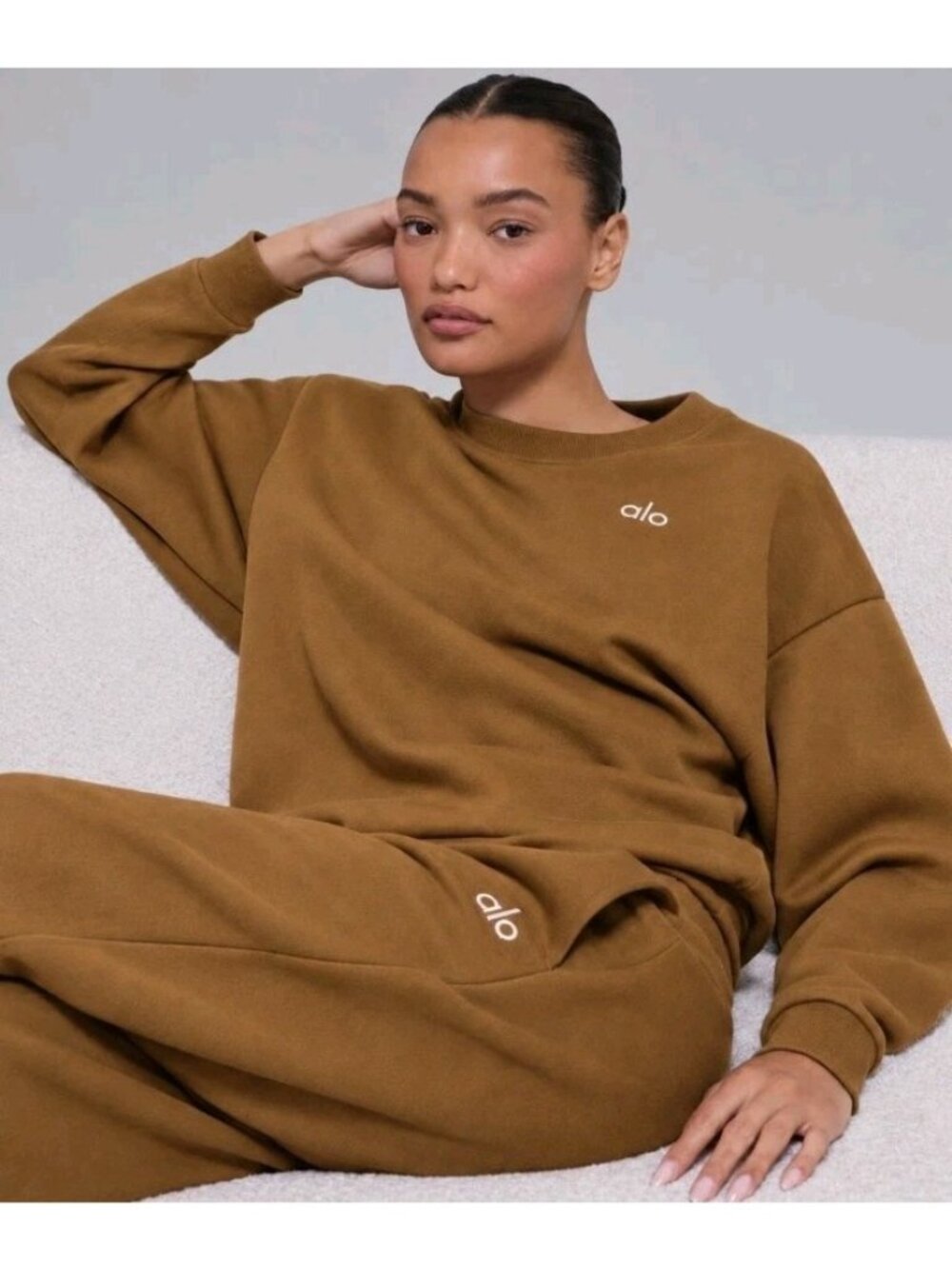 Alo Accolade Sweatshirt Crew Neck Pullover Logo Oversized Unisex XXL Curry
